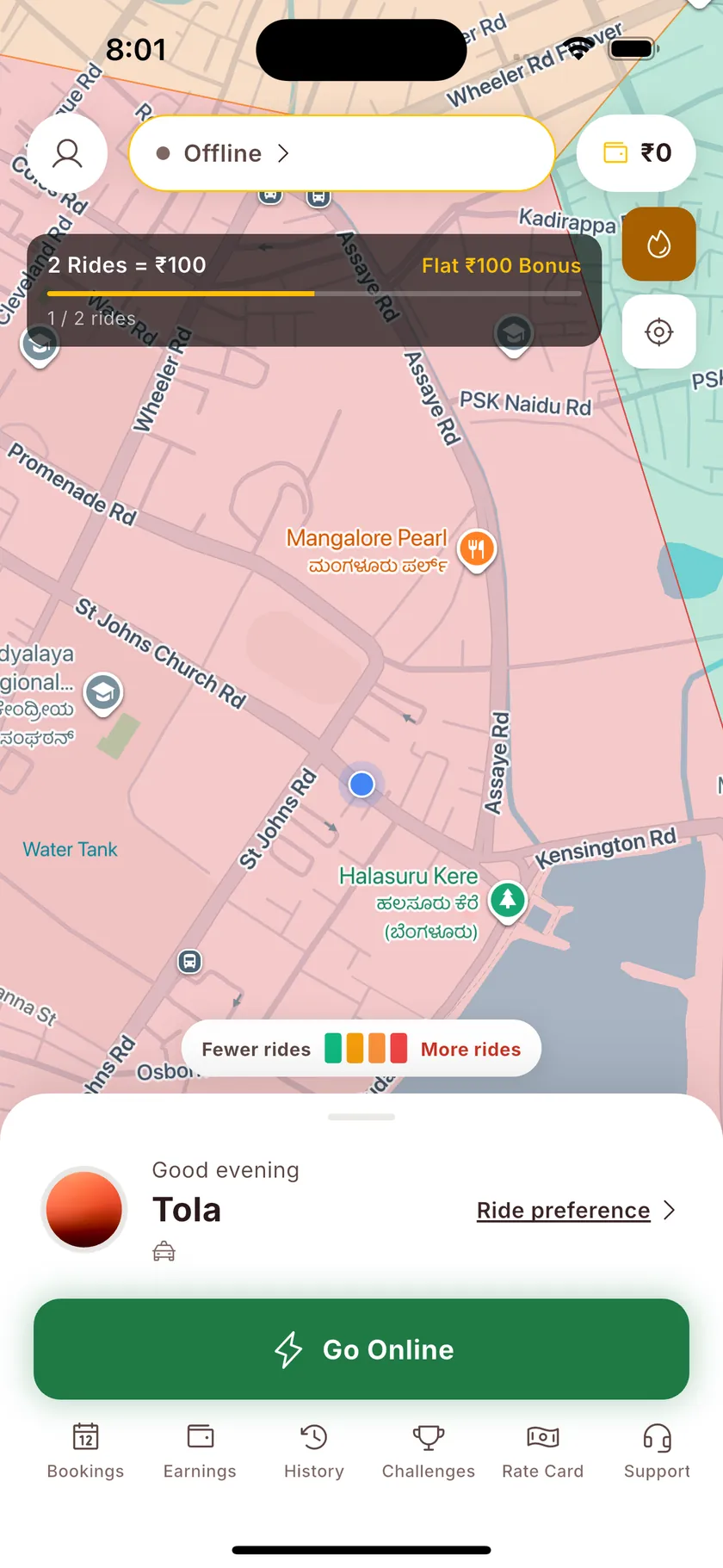 Driver home map with red and teal demand-heatmap zones, a flat-bonus progress card for 2 rides = ₹100, and a Go Online button.