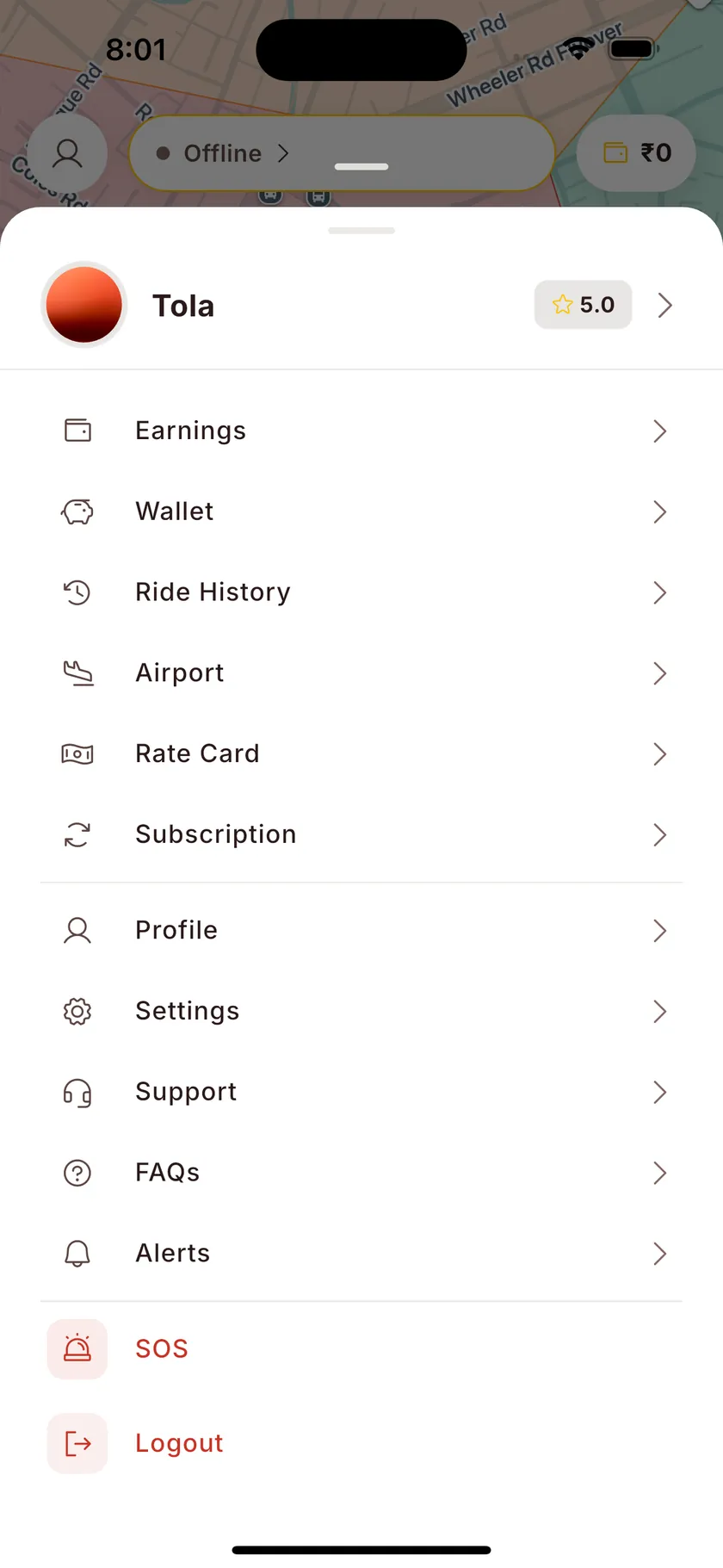 Driver menu for Tola, rated 5.0 stars: Earnings, Wallet, Ride History, Airport, Rate Card, Subscription and Support.