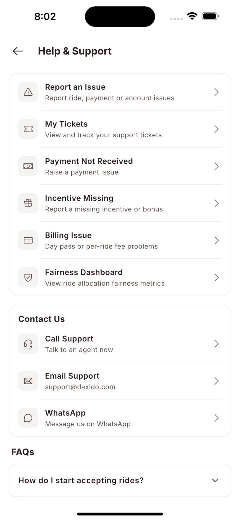 Help and support screen with billing-issue tickets for day-pass and per-ride fees, and a Fairness Dashboard for ride-allocation metrics.