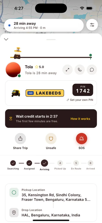 Driver arriving: Share Trip, Unsafe and SOS, one tap each