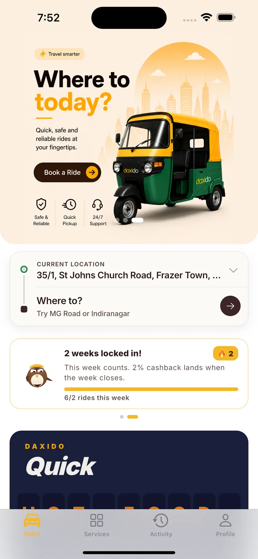 Home screen with a ride-streak card: two weeks locked in, with 2% cashback landing when the week closes.