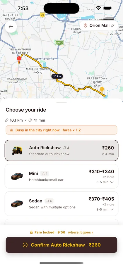 Choose your ride: ₹260 locked, 9:56 left on the clock
