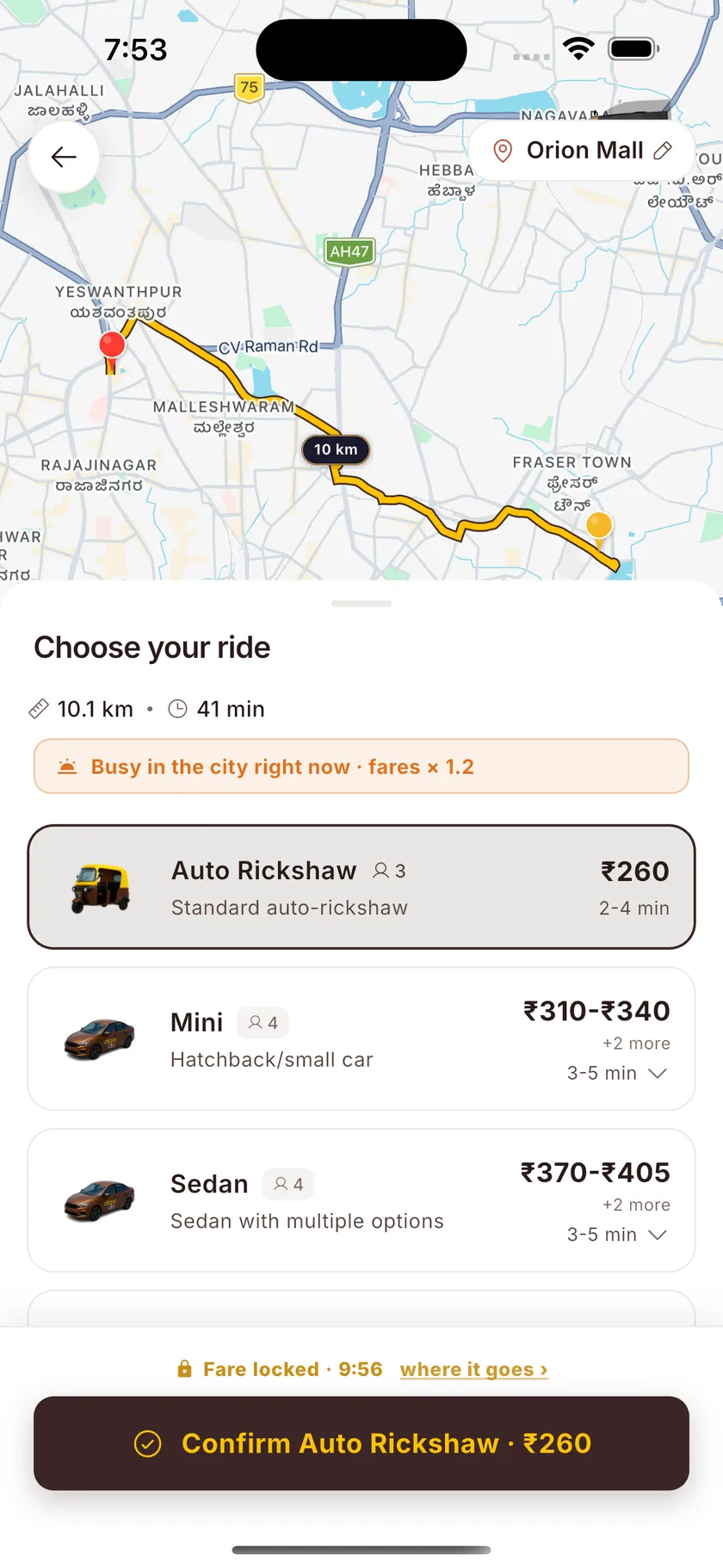 Choose-your-ride screen: a 10.1 km route drawn on the map, surge shown as fares × 1.2, Auto selected at ₹260 with the fare locked on a countdown.