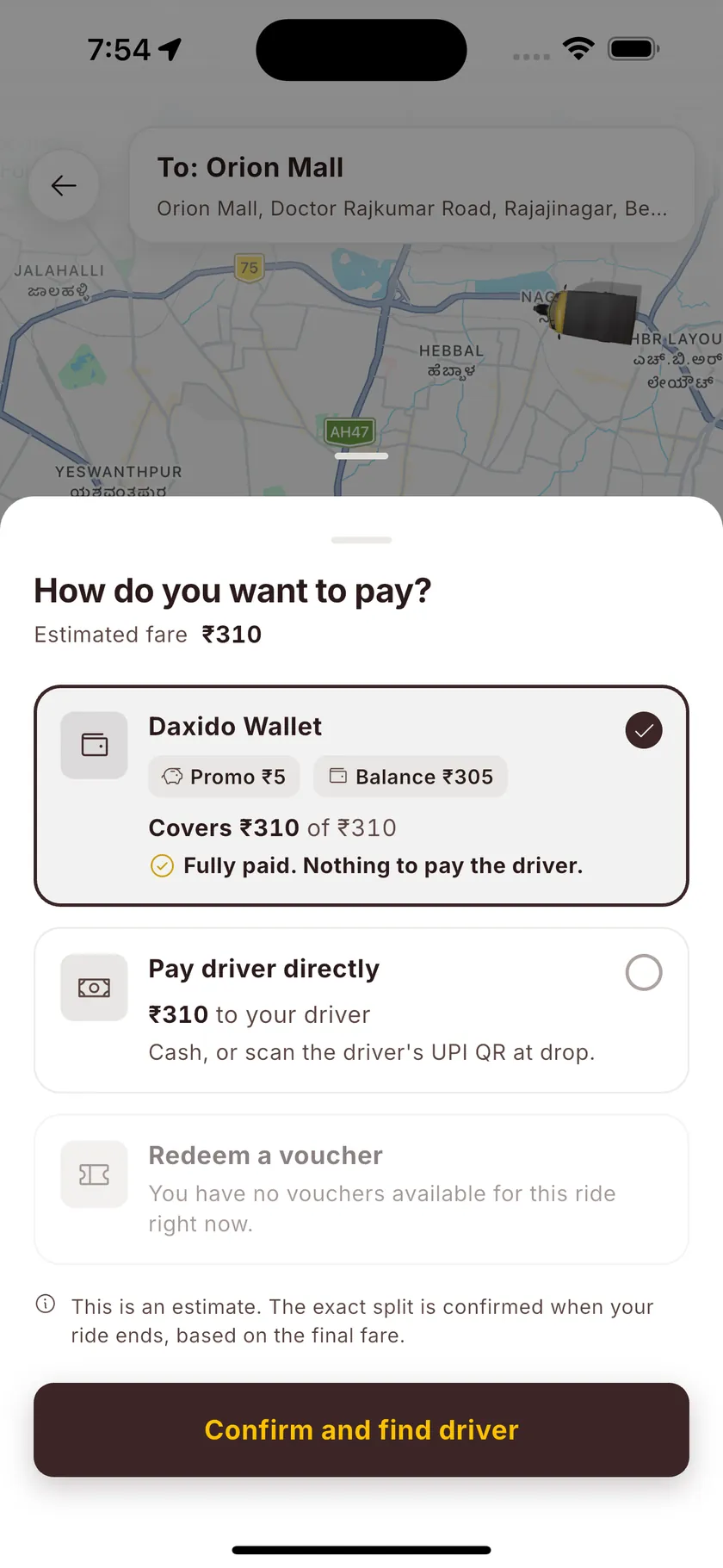 Payment screen: Daxido Wallet splitting ₹5 promo and ₹305 balance to cover the fare in full, with pay-driver-directly and voucher options below.