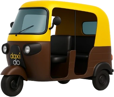 A Daxido-branded auto-rickshaw in yellow and brown.