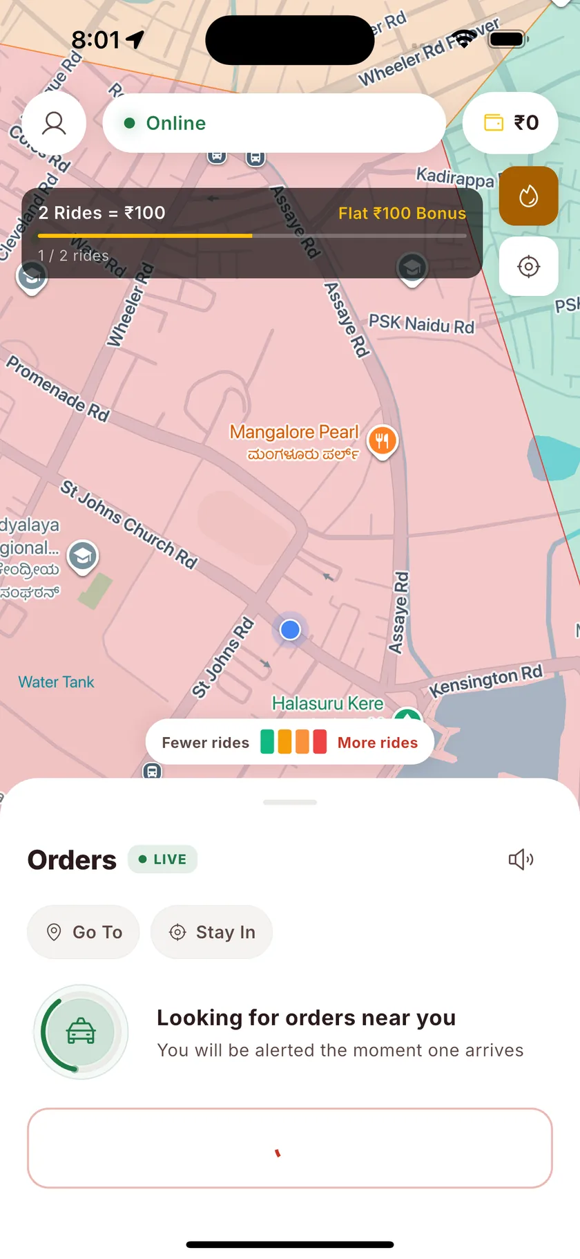 Online screen: orders live, looking for orders nearby, with Go To and Stay In chips.