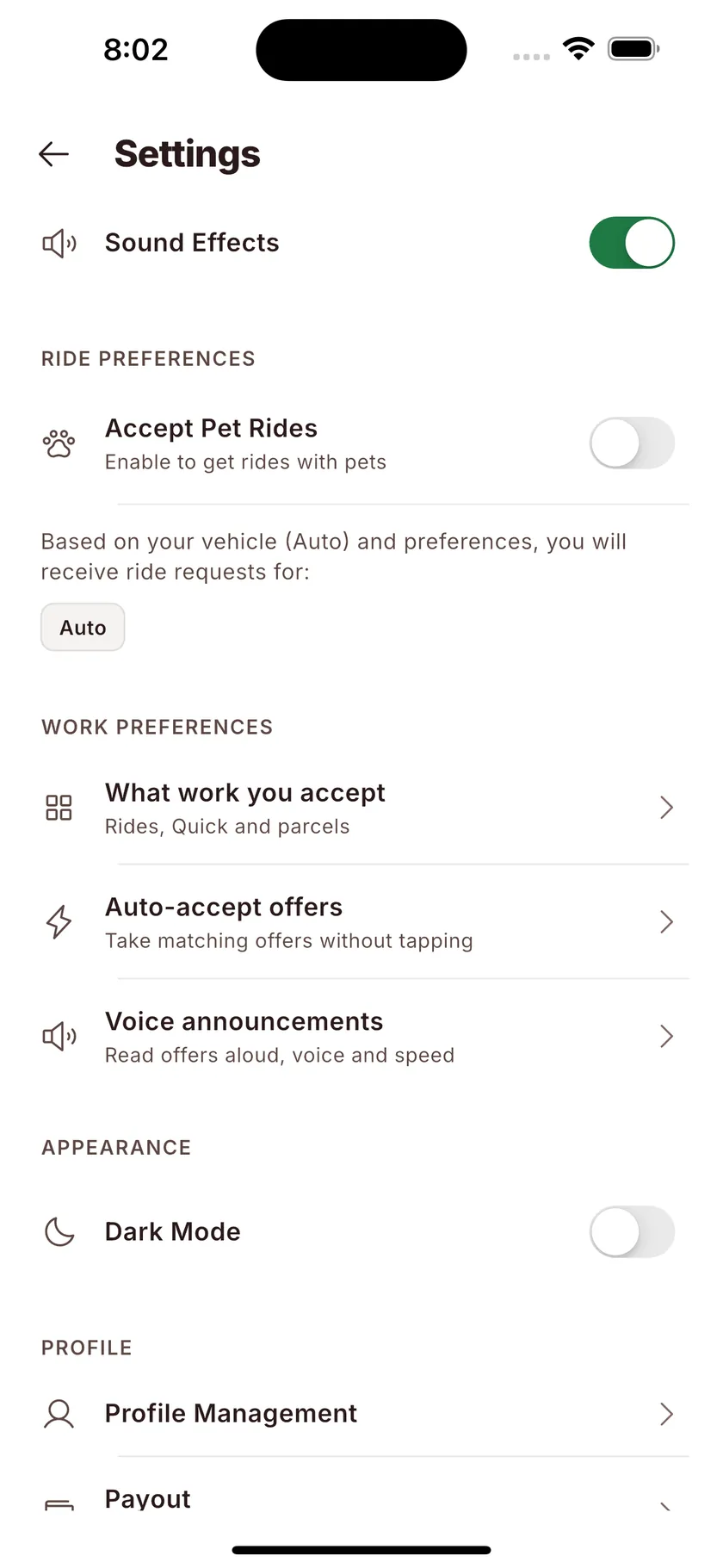 Settings for accepted work: rides, quick and parcels, plus auto-accept and voice announcements.