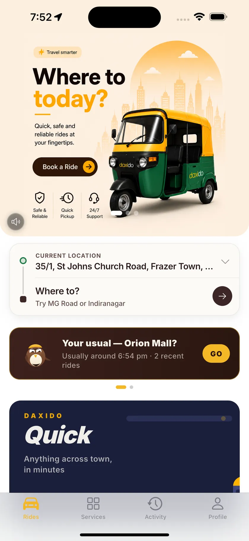 Rider home screen asking "Where to today?" with an auto-rickshaw illustration and a Book a Ride button.