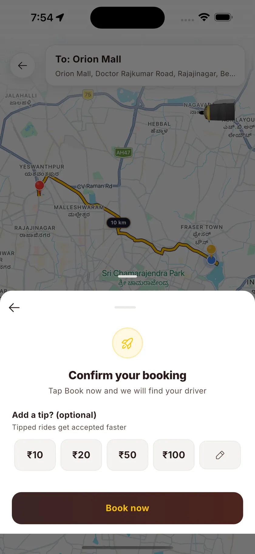 Booking confirmation with optional driver-tip chips from ₹10 to ₹100 and a Book now button.