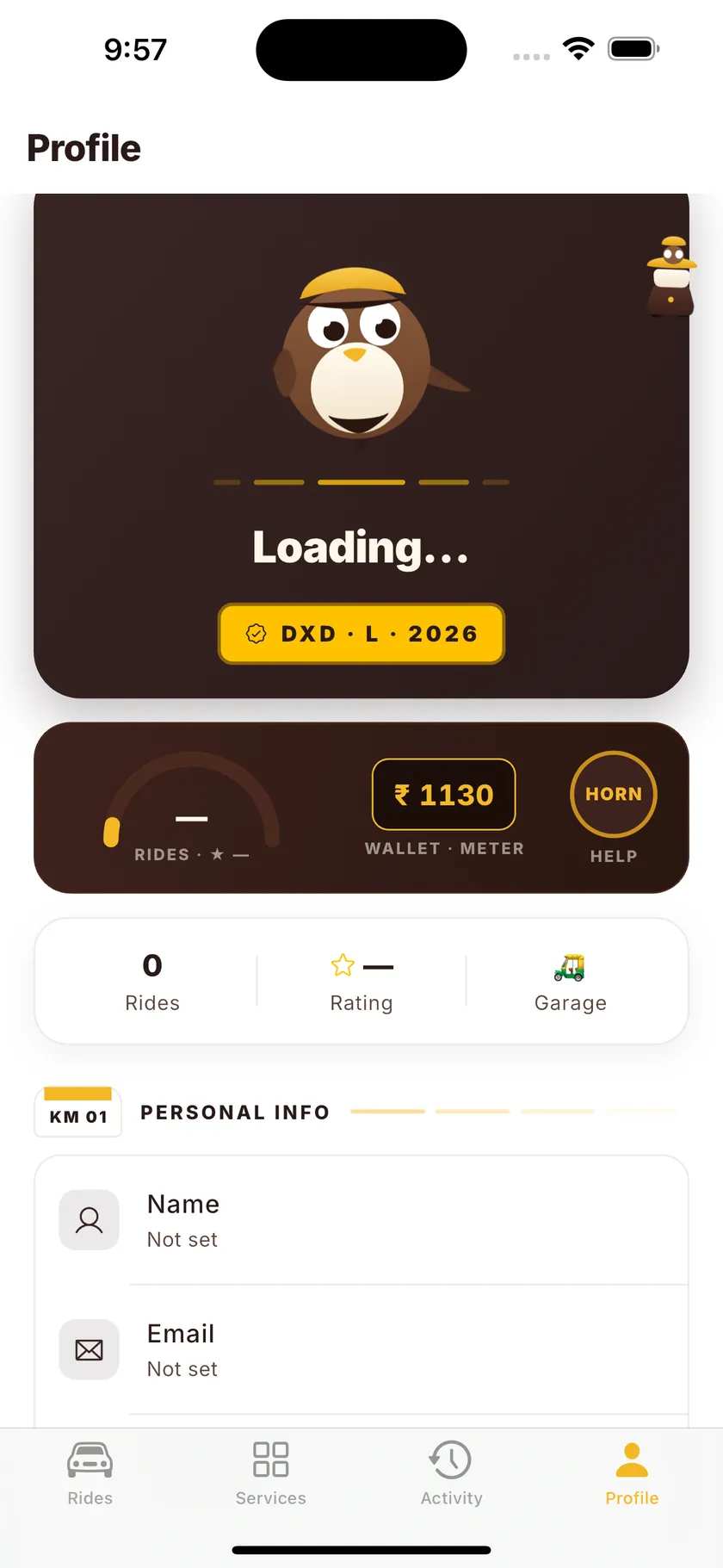 Profile with the Daxi sparrow mascot, a DXD 2026 badge and a wallet balance of ₹1,130.
